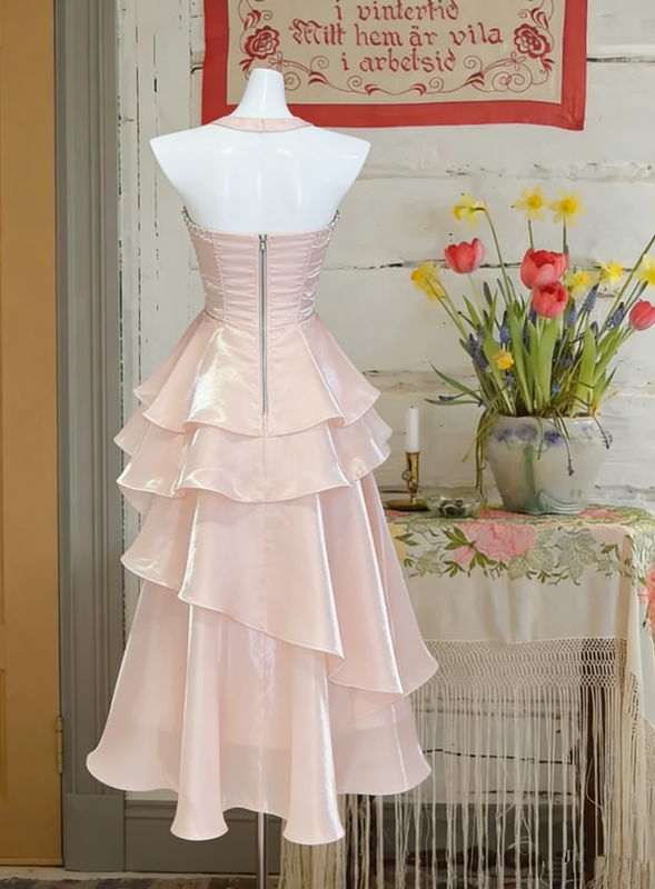 Pink tube top waist cake skirt sexy satin long dress prom dress R6230