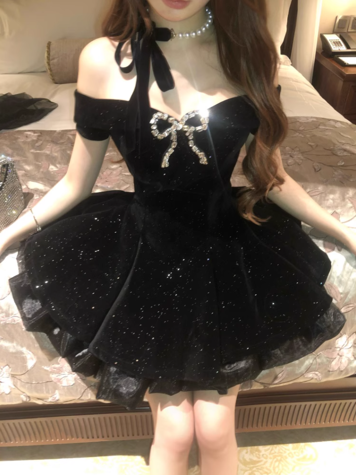 Small formal dress, high-end niche princess puffy dress, strapless one shoulder dress, prom dress,homecoming dress R2997