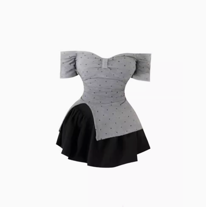 Sweet and spicy style one-shoulder polka dot slit top 2025 pure desire puffy skirt suit R1062
