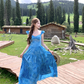 Long blue oil painting rose backless suspender dress for women summer French style skirt R4658