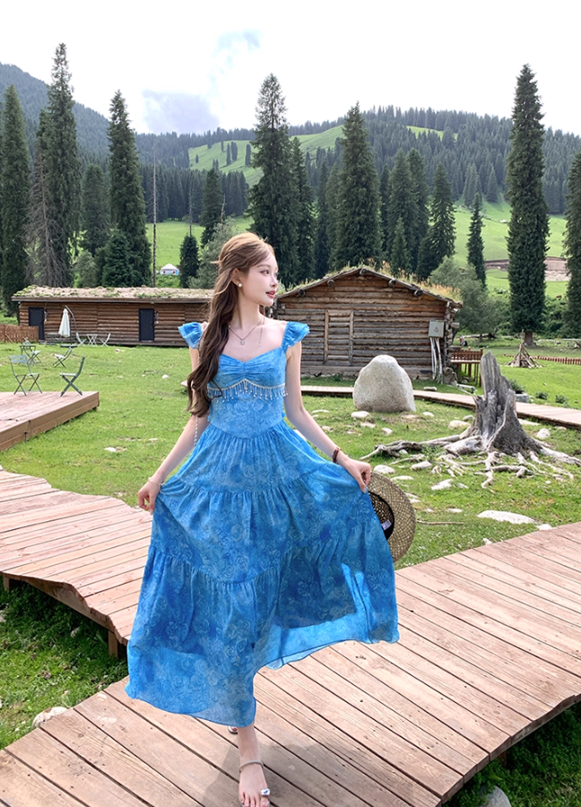 Long blue oil painting rose backless suspender dress for women summer French style skirt R4658