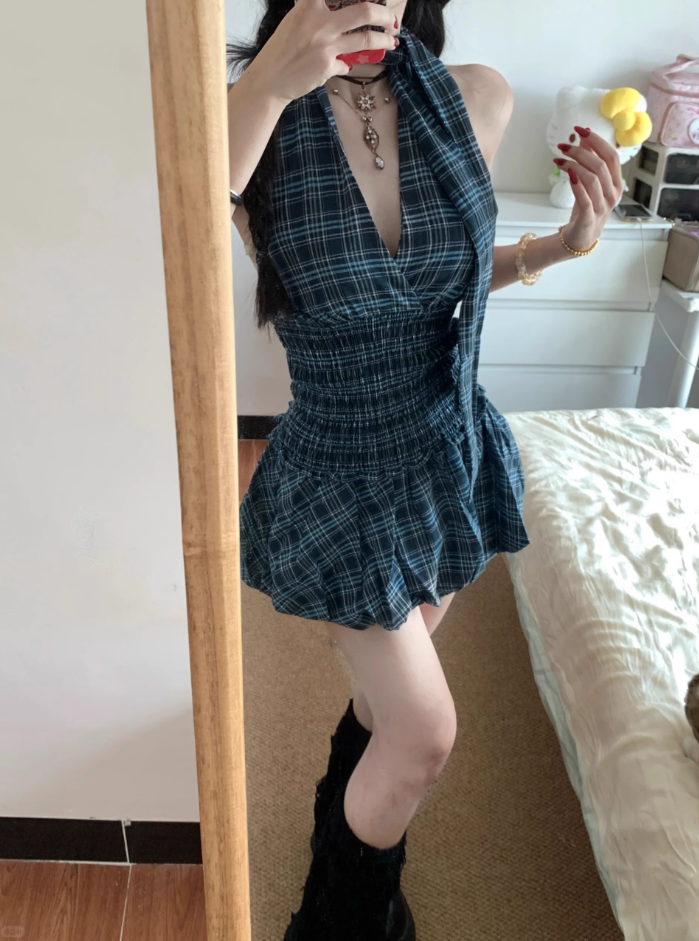 American style dress sleeveless halter top, checkered top, short skirt design, homecoming dress R2991