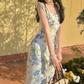French fresh pastoral style temperament slim print fairy atmosphere floral ruffle dress R1430