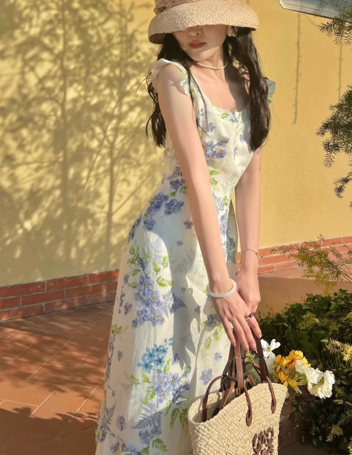 French fresh pastoral style temperament slim print fairy atmosphere floral ruffle dress R1430