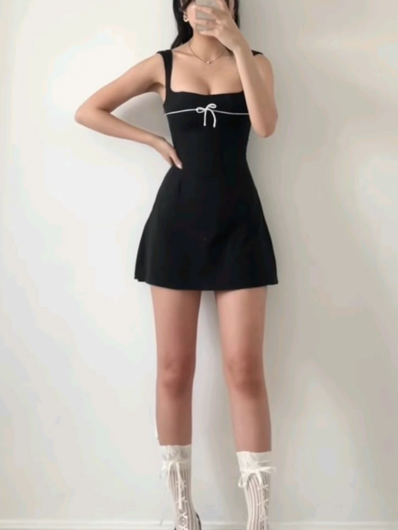 Black suspenders waist slim A-line short skirt homecoming dress R3156
