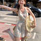 V-neck polka dot halter neck a-line dress women's summer French waist skirt R4661