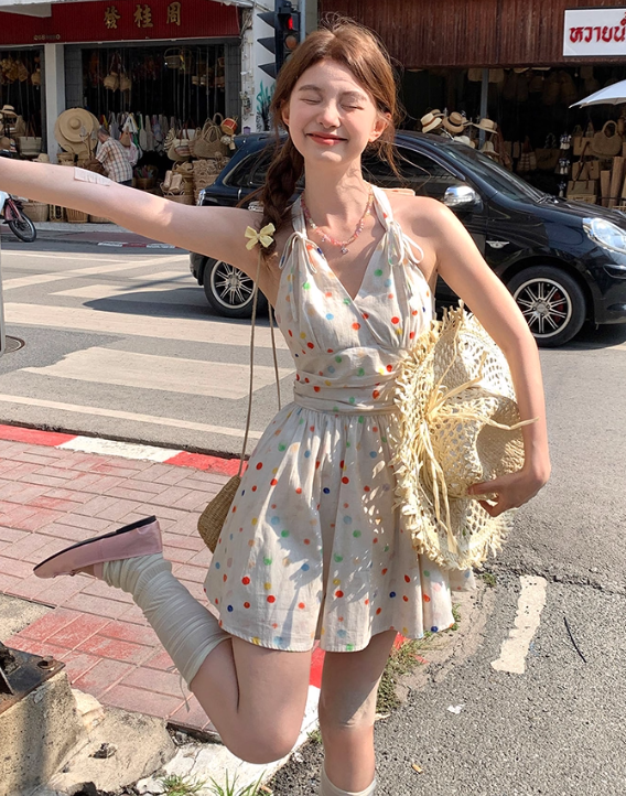 V-neck polka dot halter neck a-line dress women's summer French waist skirt R4661