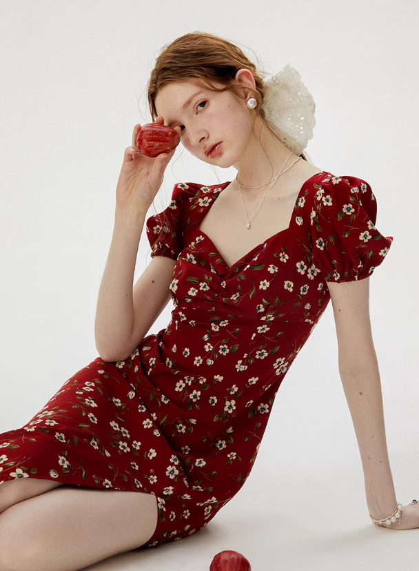 French floral red dress 2025 high-end wear R2703