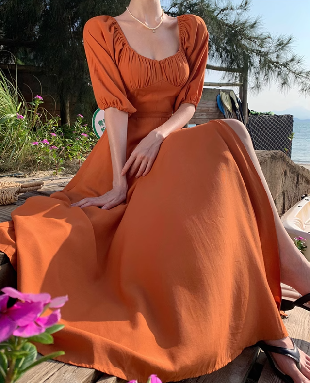 Gentle Temperament Square Neck Puff Sleeve Dress Backless Slit Long Dress R0599