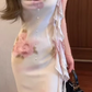 Temperament pink swing collar floral dress unique waist slim hip skirt R0530