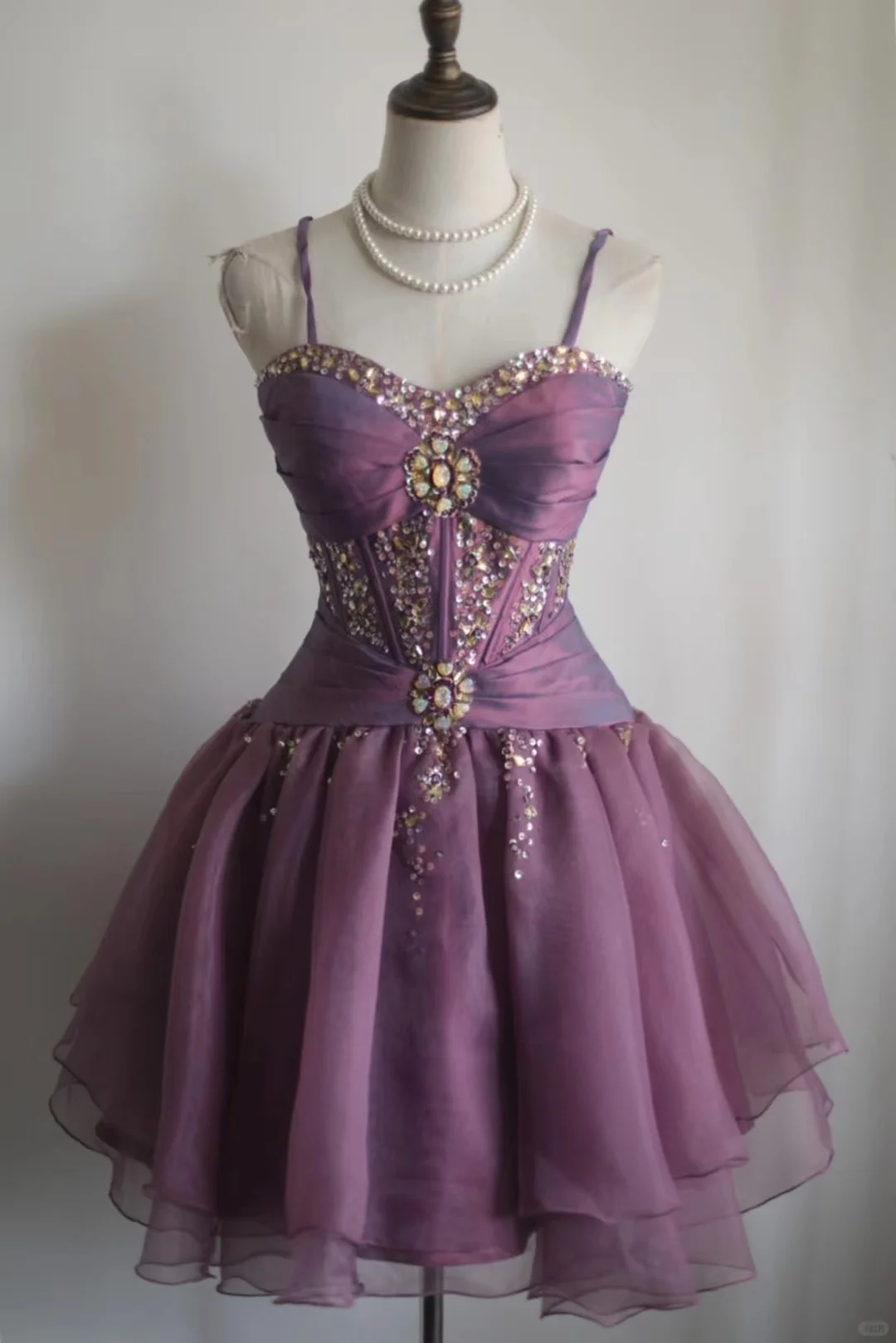 Purple diamond-studded suspender waist A-line puffy skirt homecoming dress R4146