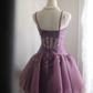 Purple diamond-studded suspender waist A-line puffy skirt homecoming dress R4146