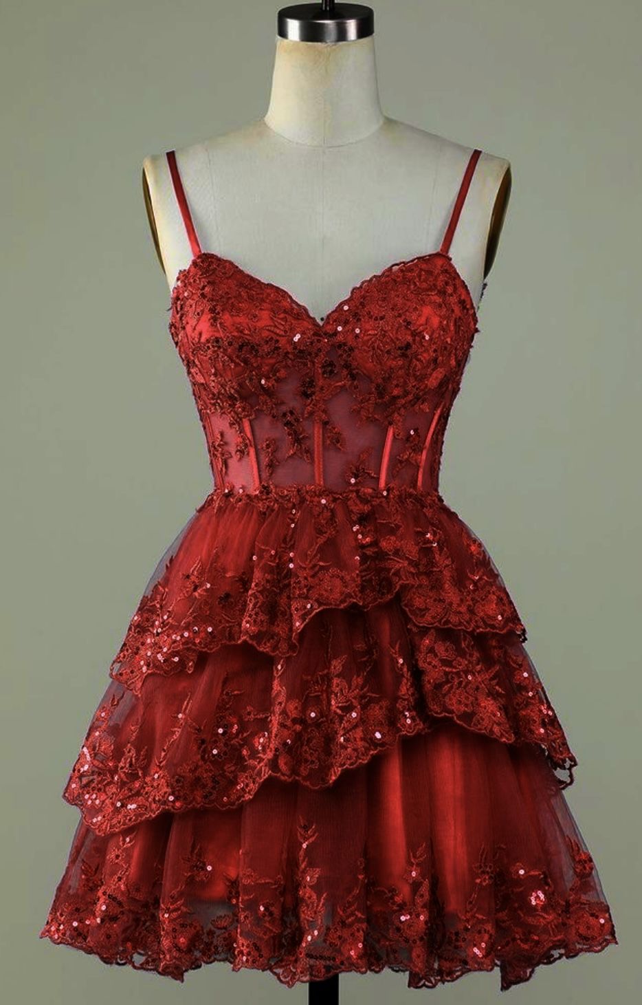 French Chic Red A-Line Spaghetti Straps Lace Embroidery Tiered Bodycon Mini Dress Homecoming Dress RS172