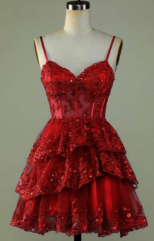 French Chic Red A-Line Spaghetti Straps Lace Embroidery Tiered Bodycon Mini Dress Homecoming Dress RS172