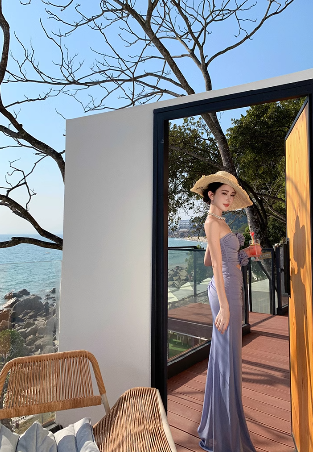 French holiday style purple flower hollow design tube top dress female seaside holiday sexy long dress R0305