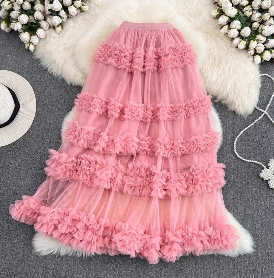 High waist slim mesh skirt elastic waist mid-length over the knee multi-layered wood ear edge cake skirt R0306