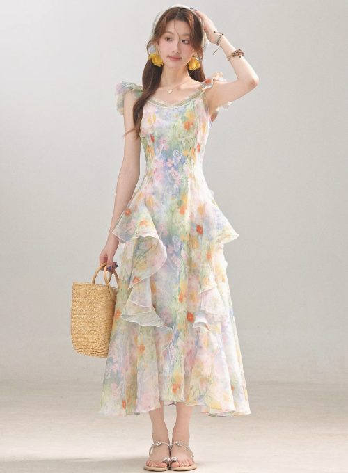 French style oil painting floral dress new summer holiday style long dress R1897