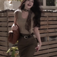 Large size French style slim fit straight shoulder top high waist skirt simple suit R1825