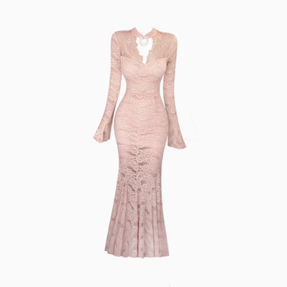 New Chinese style long-sleeved hollow lace dress 2025 step by step lotus hip fishtail skirt R1218