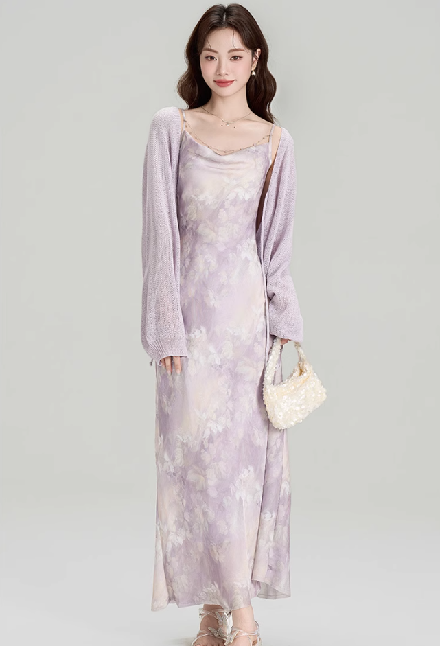 New summer French holiday style swing collar suspender dress plus cardigan shawl complete set R2404