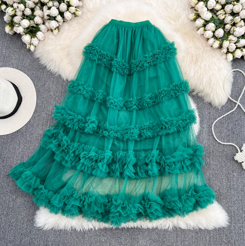 High waist slim mesh skirt elastic waist mid-length over the knee multi-layered wood ear edge cake skirt R0306
