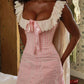 Pink square low-cut sexy neckline lace trimmed A-line homecoming dress R2511