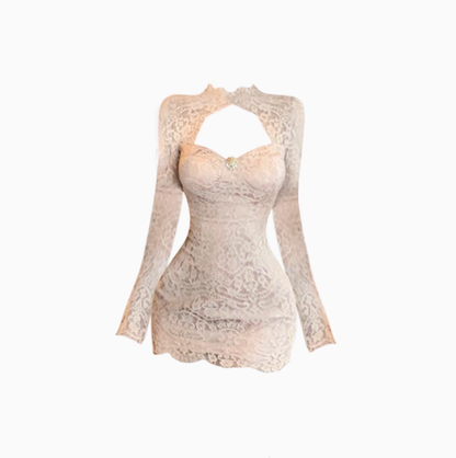 Pure desire hot girl lace hollow long sleeve dress 2025 waist hip short skirt R1174