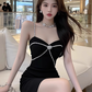 Hepburn style celebrity niche party dress dress female summer new high-end sling hip skirt R3387