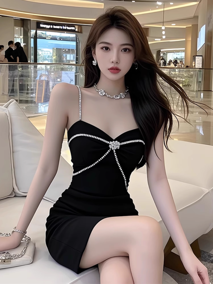 Hepburn style celebrity niche party dress dress female summer new high-end sling hip skirt R3387