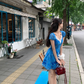 French V-neck blue floral dress women's summer retro sleeveless short skirt R4303