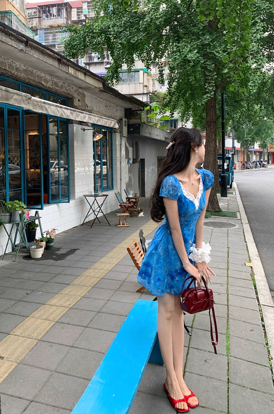 French V-neck blue floral dress women's summer retro sleeveless short skirt R4303