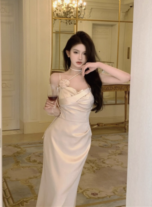 Suspender dress V-neck satin slim fit hip-wrapped slit skirt French style high-end long skirt R1544