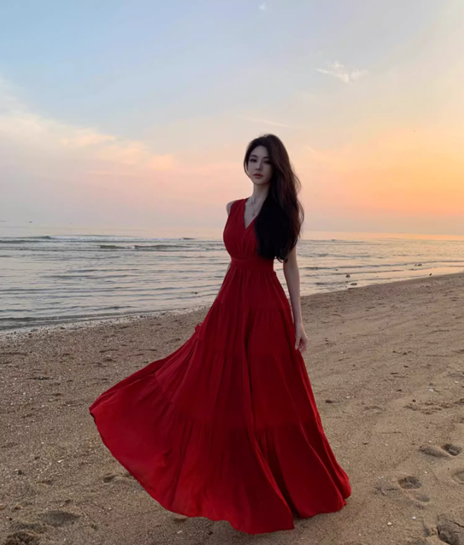 Backless V-neck swing dress new style slim seaside holiday beach dress atmosphere R1608