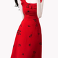 2025 Summer New Red Floral Pleated V-Neck Sleeveless Long Holiday Dress R0955
