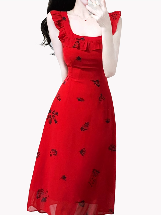 2025 Summer New Red Floral Pleated V-Neck Sleeveless Long Holiday Dress R0955