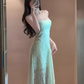 Gentle mint green jacquard suspender dress beautiful atmosphere small skirt R0806