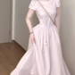 Gentle style pink baby collar dress floral waist A-line long skirt R0790
