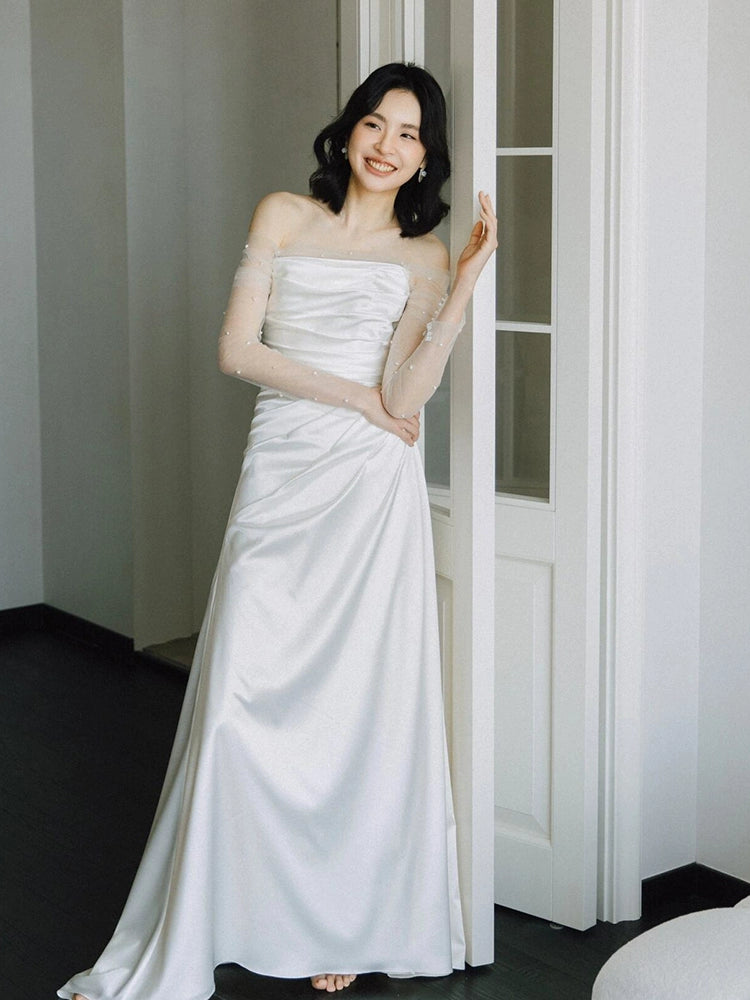 Long Sleeves Satin Mermaid Wedding Dresses Long Bridal Gown      S7213