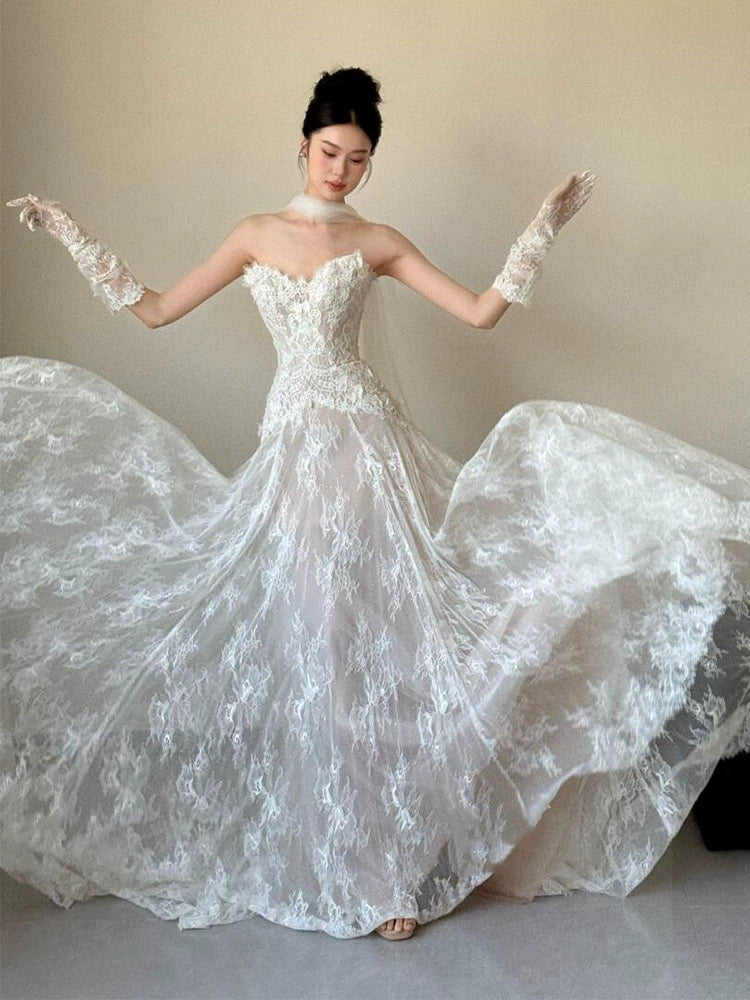 Sexy Lace Strapless Long Wedding Dresses Bridal Gown      S7206