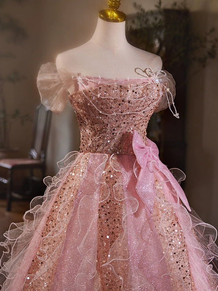 A Line Pink Elegant Evening Gowns Off Shoulder Long Prom Dress     S7209