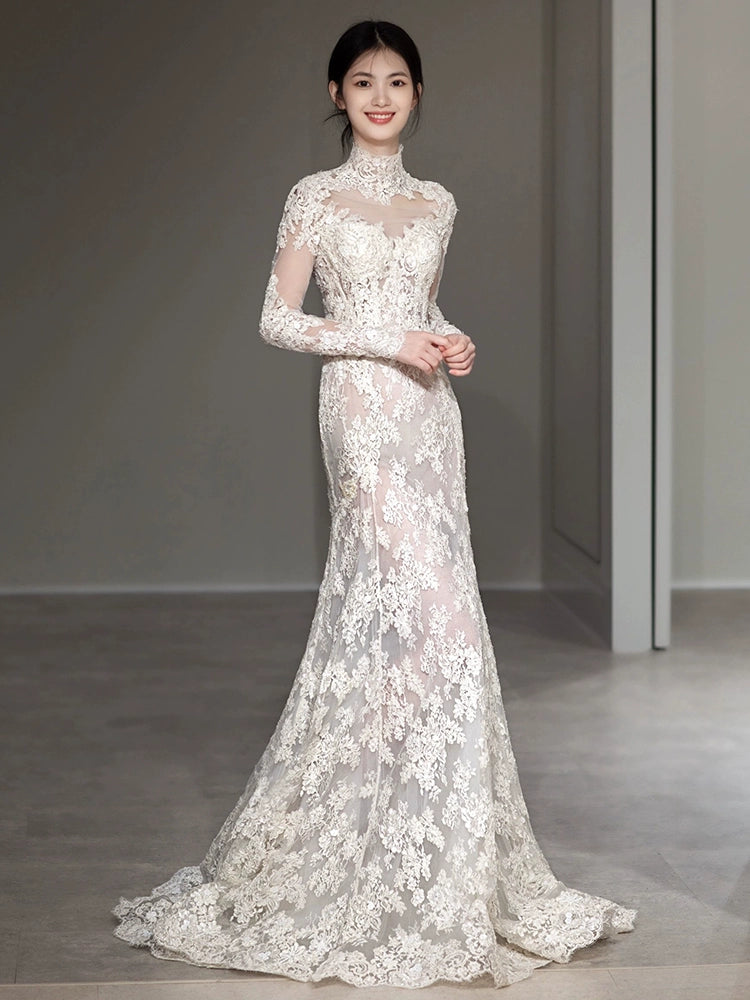 Long Sleeves Lace High Neck Wedding Dresses Long Bridal Gown      S7208