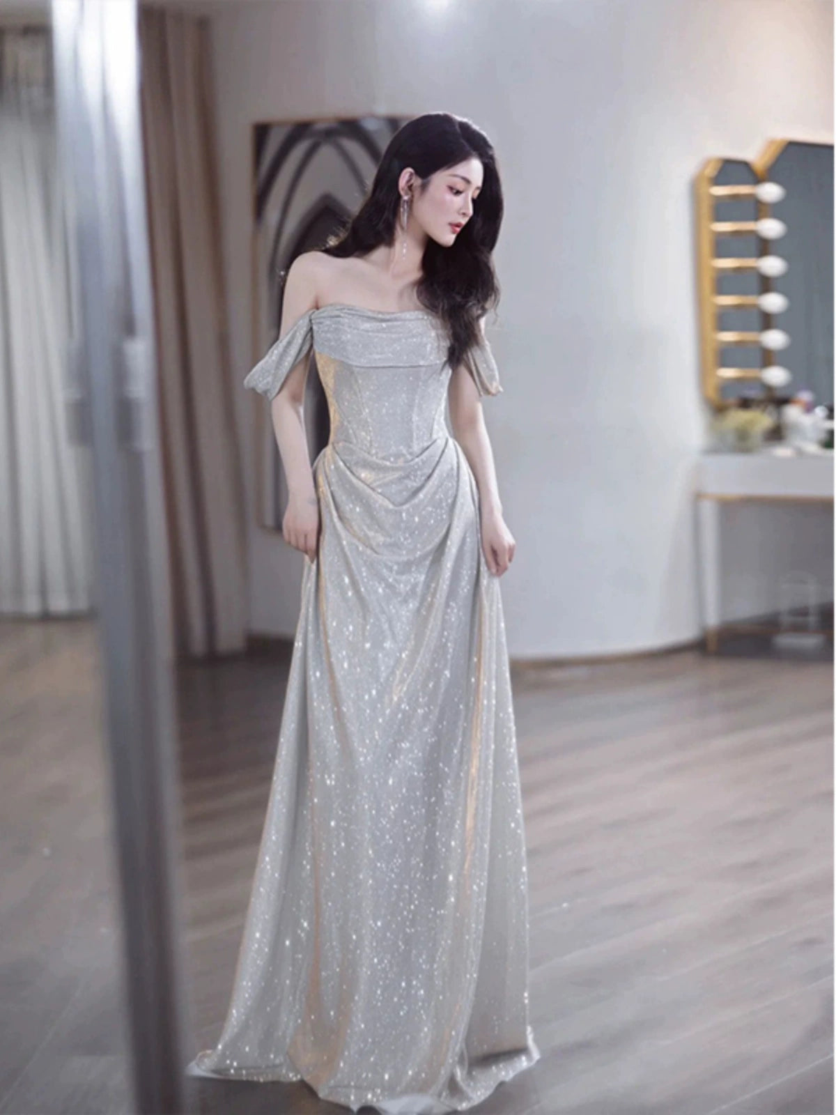 Elegant Shinny Evening Gowns Off Shoulder Long Prom Dress     S7212