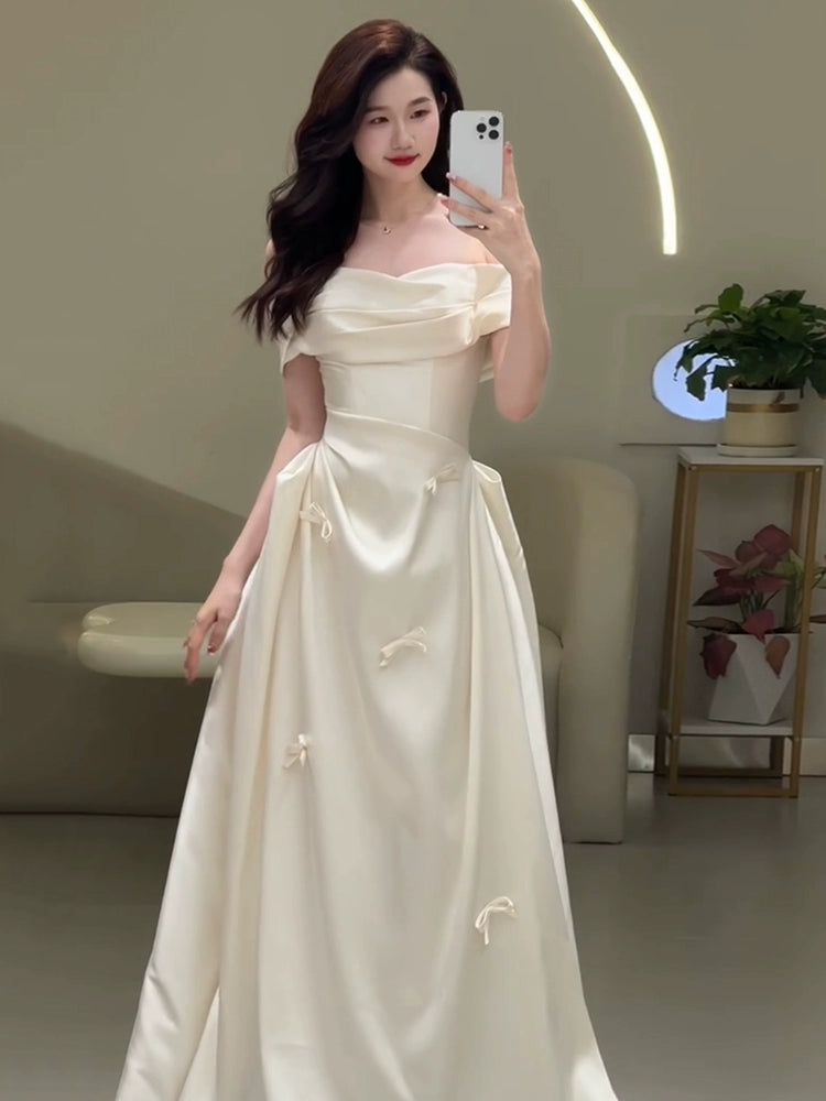 Off Shoulder Satin Wedding Dresses Long Bridal Gown      S7214