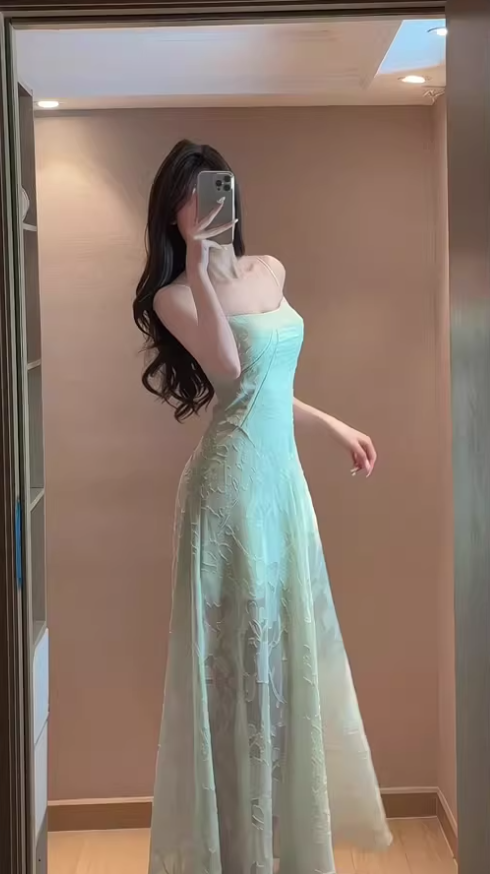 Gentle mint green jacquard suspender dress beautiful atmosphere small skirt R0806