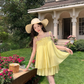 Holiday style beautiful yellow suspender top a-line skirt two-piece suit R0882