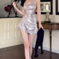 Sexy hot girl swing collar halter neck shiny dress 2025 large size waist drawstring hip skirt R1272