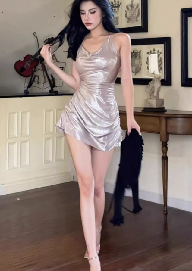 Sexy hot girl swing collar halter neck shiny dress 2025 large size waist drawstring hip skirt R1272