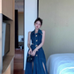 Retro sister style high-end long slim lapel denim skirt hot girl sexy waist sleeveless vest dress R0414