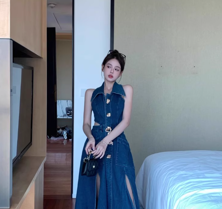 Retro sister style high-end long slim lapel denim skirt hot girl sexy waist sleeveless vest dress R0414