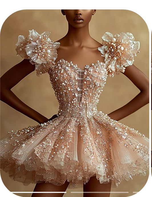 Flesh pink three-dimensional flowers inlaid with pearls and rhinestones, slim and cute tutu skirt homecoming dress R2492